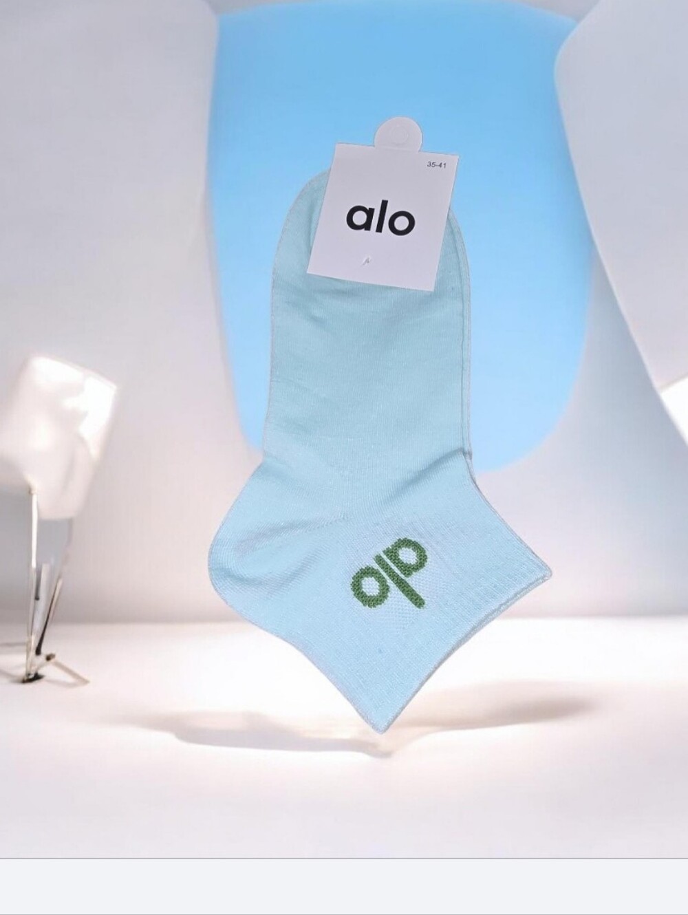 #13 Men's Low-Cut Socks in Light Blue with Green Logo